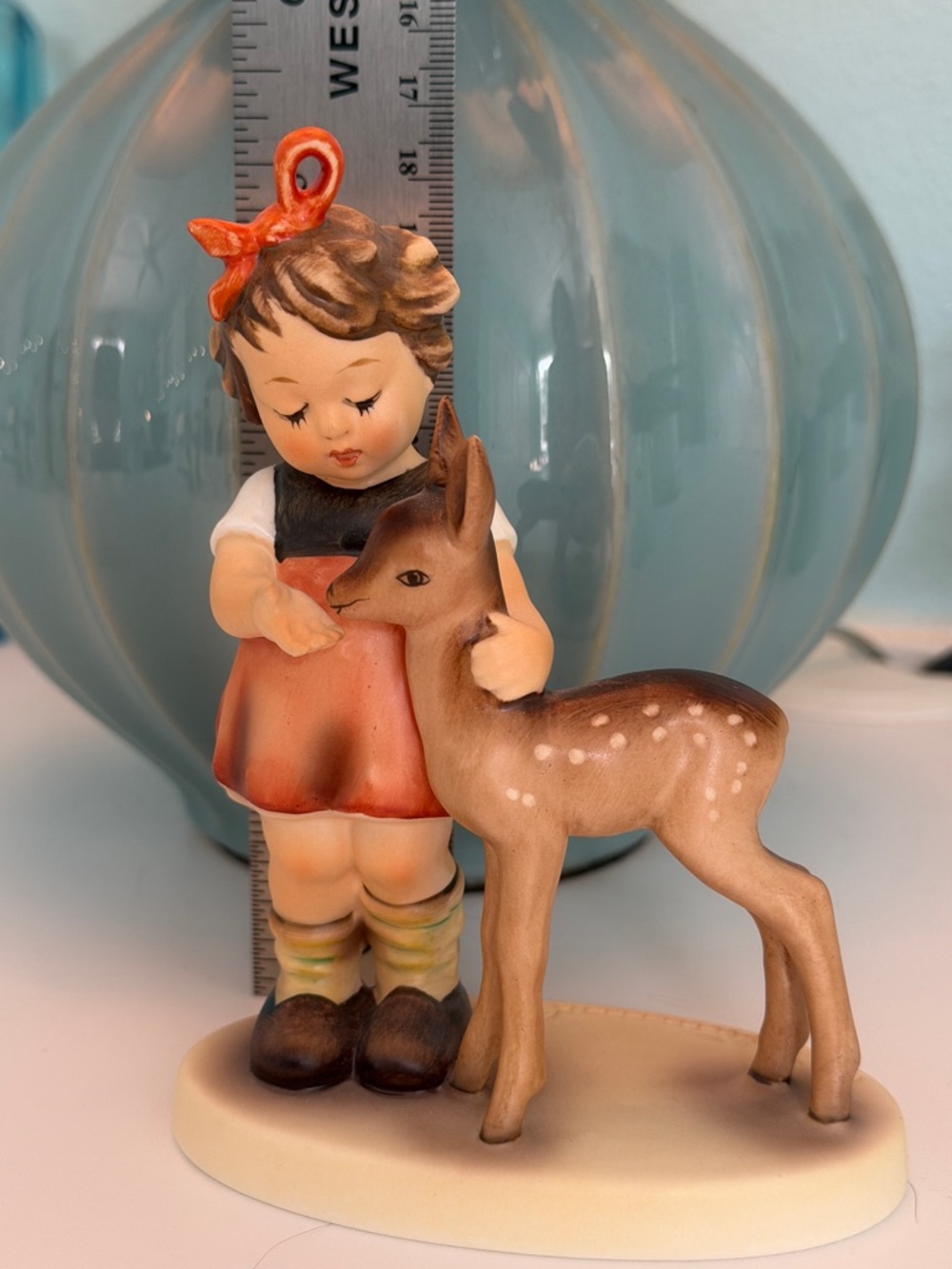 Hummel Figurine Girl with Fawn in Coral and Brown